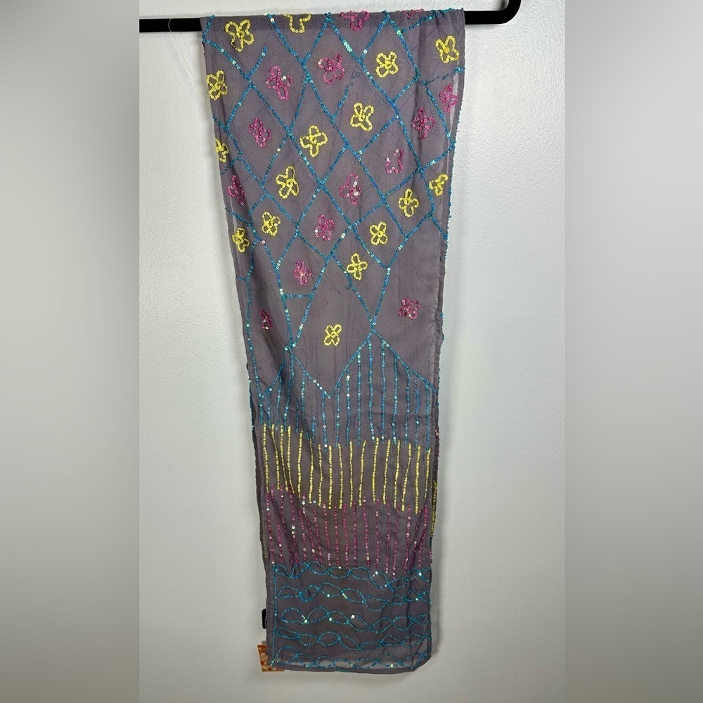 Raj Gray and Yellow Silk Scarf Sequins, 70” x 12”